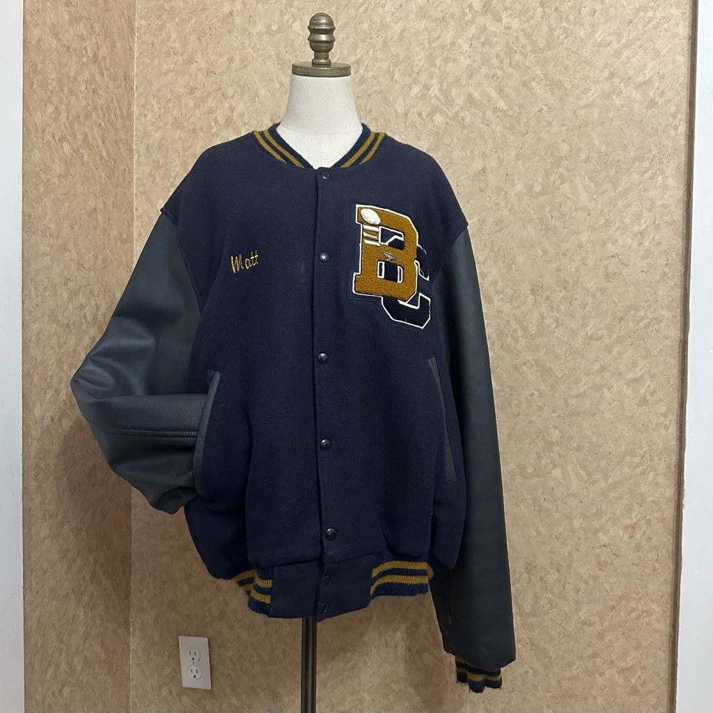 VTG 50s 60s Retro Navy Blue & Yellow Wool & Leather Baggy Varsity Bomber Jacket